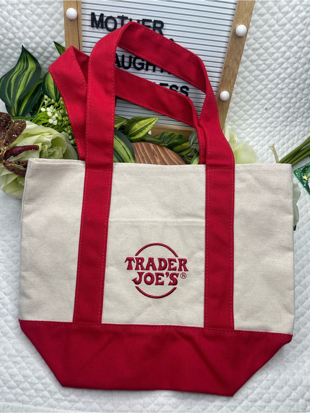 Red and Cream Canvas Tote Bag